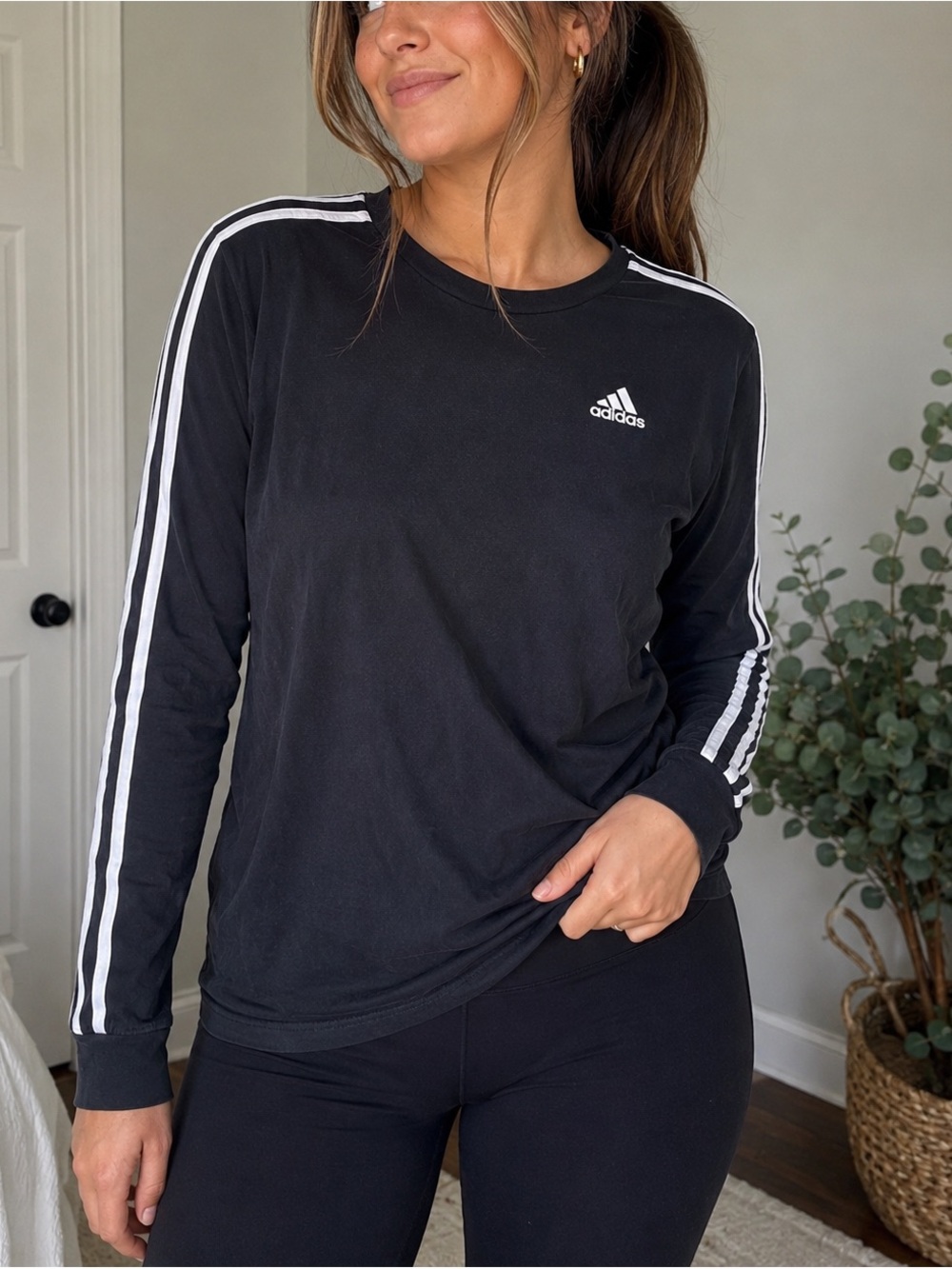 Adidas Black Long Sleeve Stripe Tee | XL (18/20) | Athletic Casual Top